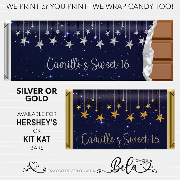 Printed Candy Wrapper Sweet 16 Hershey Chocolate Kit Kat Bar Custom Personalized Starry Night Party Favor Gold Silver |  SS04