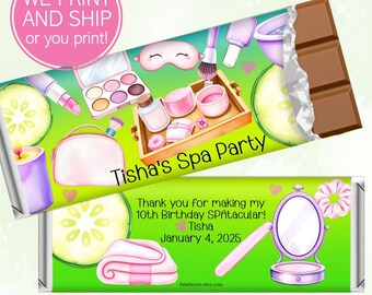 Spa Party Candy Bar Wrappers: Personalized Girl Birthday Favors (PDF Files or Printed Option)