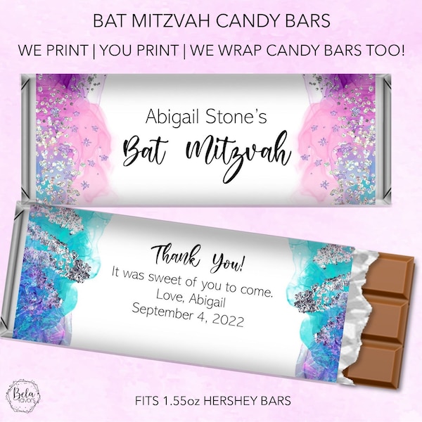 Pink Blue Swirl Bat Mitzvah Party Favors | Custom Personalized Candy Bar Wrappers | Fits the 1.55 oz Hershey's Chocolate Bar | DIY Printable