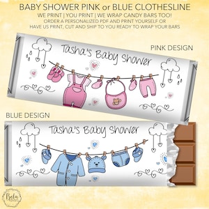 Clothesline Pink Blue Baby Shower Party Favors | Custom Personalized Candy Bar Wrapper | Fits 1.55 oz Hershey Chocolate Bar | DIY OR PRINTED