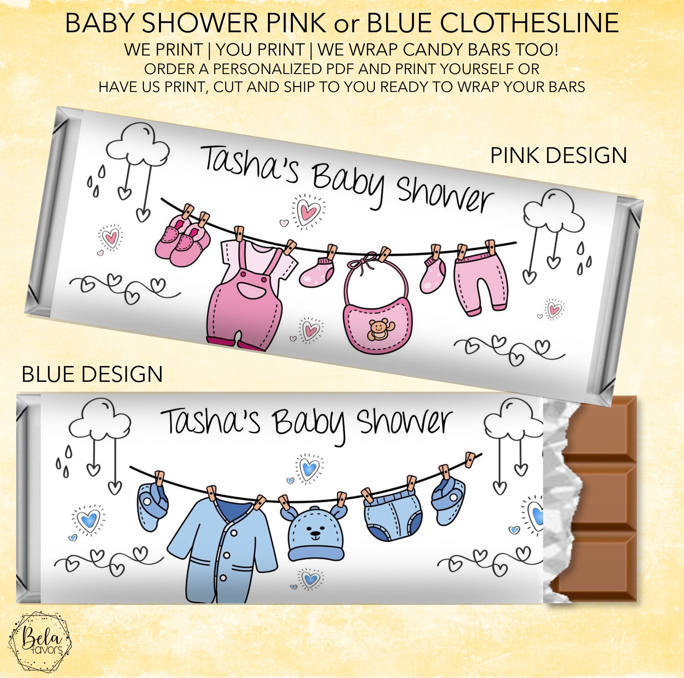 Clothesline Pink Blue Baby Shower Party Favors | Custom Personalized Candy Bar Wrapper | Fits 1.55 oz Hershey Chocolate Bar | DIY OR PRINTED