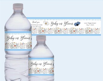 Baby in Bloom! Baby Shower Personalized Water Bottle Labels | Waterproof Stickers | Custom Blue Boys | Set of 10 | DIY or Printed