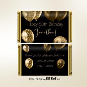 Printed Gold Black Balloons Men's Birthday Candy Bar Wrapper, Hershey's Chocolate, Birthday Ideas, Custom Personalized Giveaway, DIY Too! image 3