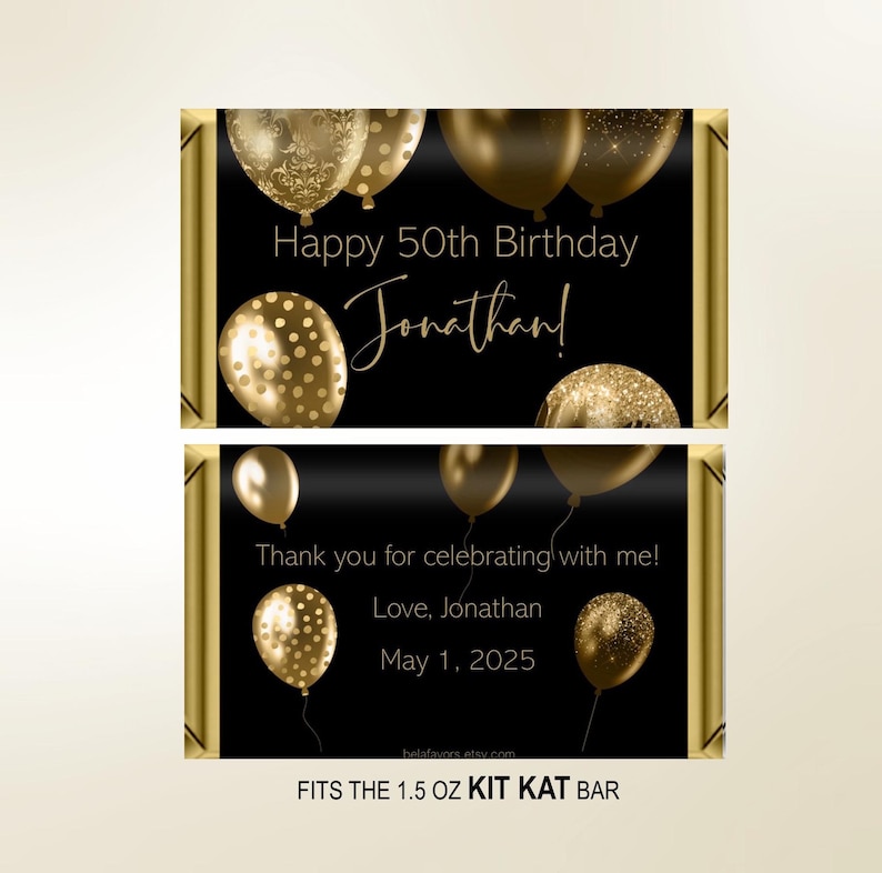 Printed Gold Black Balloons Men's Birthday Candy Bar Wrapper, Hershey's Chocolate, Birthday Ideas, Custom Personalized Giveaway, DIY Too! image 3