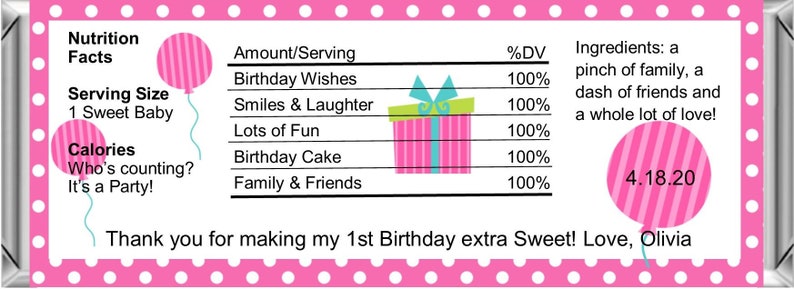 Pink Cupcake 1st Birthday Party Chocolate Bar Favors ~ Personalized Candy Bar Wrappers fit the 1.55 oz Hershey/'s Bar ~ DIGITAL OR PRINTED