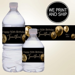 Printed Black Gold Balloon Men&#39;s Birthday Party Water Bottle Label, Birthday Idea Giveaway, Waterproof Peel & Stick SET of 10, DIY Available
