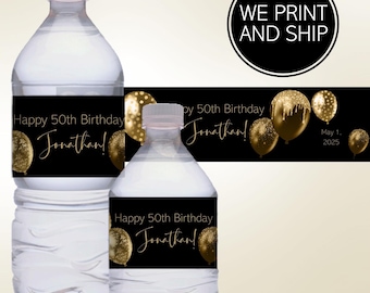 Black and Gold Balloon Birthday Water Bottle Labels: Men's Party, Set of 10