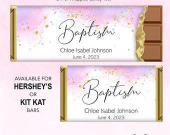 Printed or DIY Candy Wrappers Pink Watercolor Gold Cross Christening Baptism Hershey Kit Kat Bars Personalized Party Favors Custom Chocolate