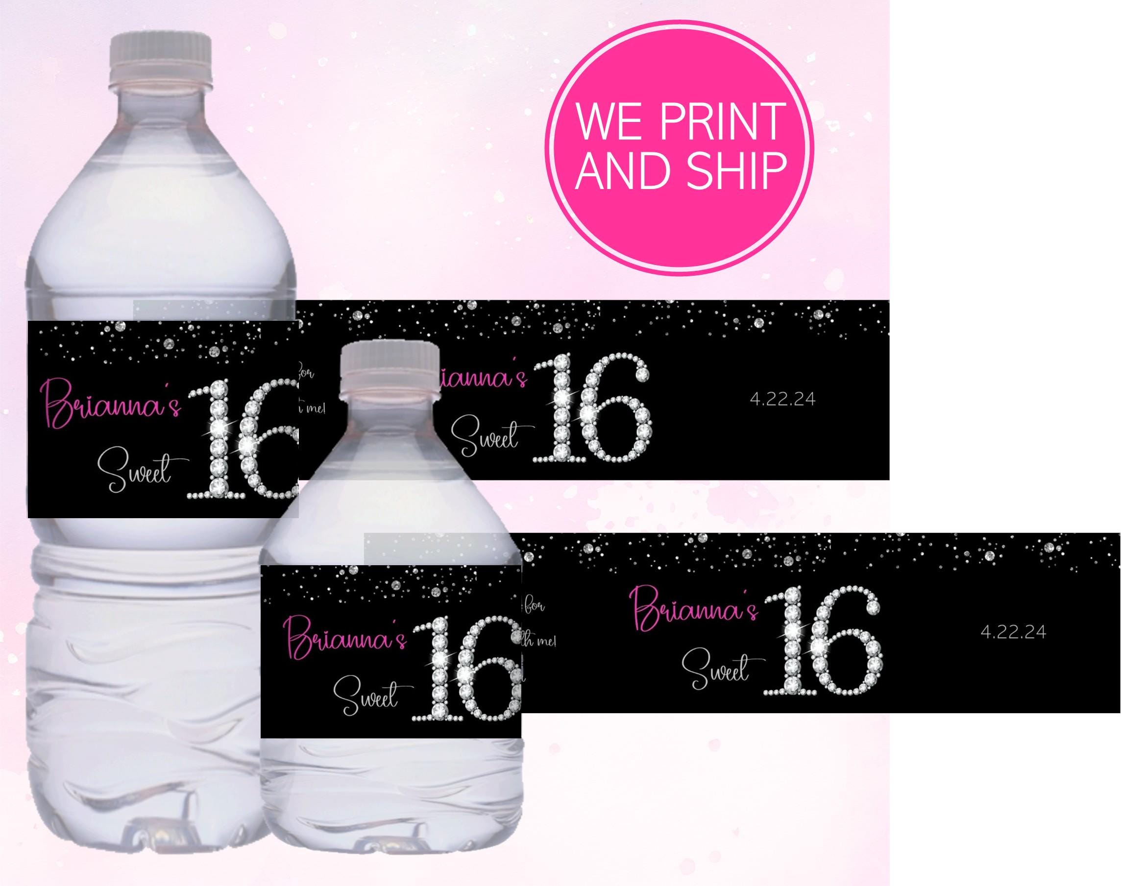 Bling! Pink & Black Sweet 16 Birthday Water Bottle Labels | Custom