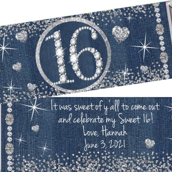 Denim & Diamonds Sweet 16 Birthday Favors | (Any Age) Personalized Candy Bar Wrappers fit the 1.55 oz Hershey's Bar | DIGITAL OR PRINTED