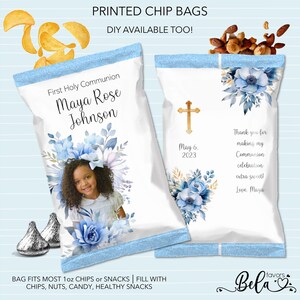 May include: Two white chip bags with blue trim. The bag on the left has a photo of a young girl and the text "First Holy Communion Maya Rose Johnson". The bag on the right has a gold cross and the text "May 6, 2023 Thank you for making my Communion celebration extra sweet! Love, Maya".