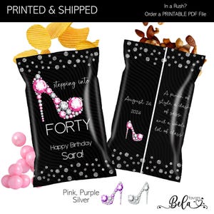 Bling! Stiletto Purple, Pink or Silver Balloons Women&#39;s Custom Chip Bag | ANY AGE | Fill with Snacks Chips Candy | Personalized Party Favors