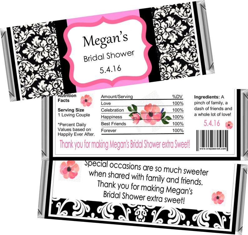 Damask Bridal Shower Favors ~ Personalized Candy Bar Wrappers fit the 1.55 oz Hershey/'s Bar ~ DIGITAL OR PRINTED