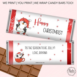 Penguin Christmas Party Favors | Custom Holiday Chocolate Bars | Personalized Candy Bar Wrappers | 1.55 oz Hershey's Bar | DIY OR PRINT