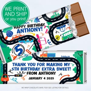 Printed City Race Car Boy&#39;s Birthday Candy Bar Wrappers, Hershey&#39;s Chocolate, Goody Bag Favor Ideas, Personalized Giveaways,  DIY Too!
