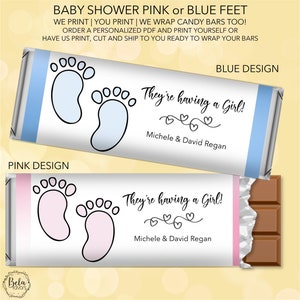 Baby Feet Pink Girl Blue Boy Baby Shower Party Favor | Custom Personalized Candy Bar Wrapper | 1.55 oz Hershey Cocolate Bar | DIY OR PRINTED