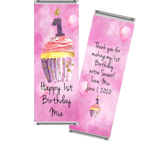 Pink Cupcake 1st Birthday Party Chocolate Bar Favors ~ Personalized Candy Bar Wrappers fit the 1.55 oz Hershey/'s Bar ~ DIGITAL OR PRINTED