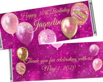 Pink & Gold Balloons Women's Birthday Favors | Personalized Custom Candy Bar Wrappers fit the 1.55 oz Hershey's Bar | DIGITAL OR PRINTED