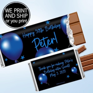 Blue & Black Balloon Birthday Candy Bar Wrapper: Personalized Hershey's Favor (DIY or Printed)