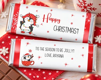 Christmas Candy Bar Wrappers, Personalized Favors, Penguin Stocking Stuffers, Teacher Gifts, Office Party, Printed