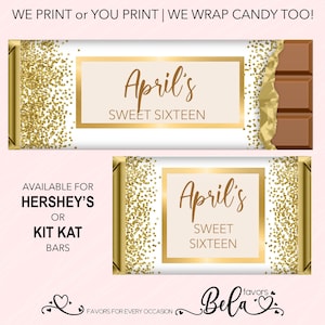 DIY or Printed Candy Wrapper Sweet 16 Hershey Chocolate Kit Kat Bar Custom Personalized Gold Bling Party Favor |  SS78