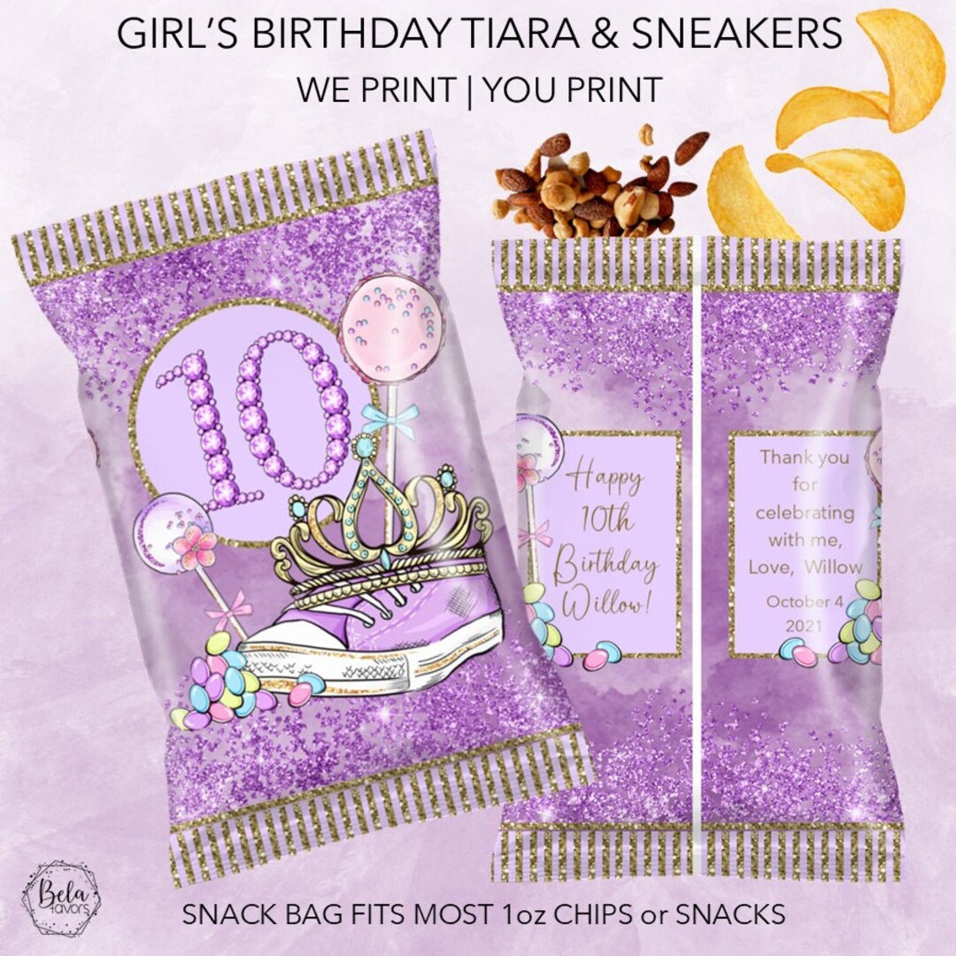 Bling Tiara Sneakers Birthday Party Favor Custom Personalized Chip Bag Fill With Chips, Candy