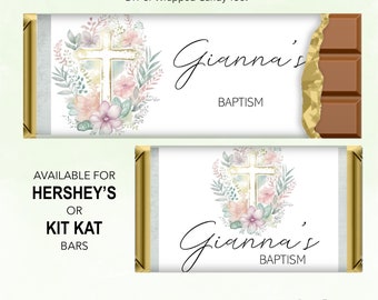 Printed or DIY Candy Wrappers Girl's Floral Cross Christening Baptism Hershey Kit Kat Bars Personalized Party Favors Custom Chocolate