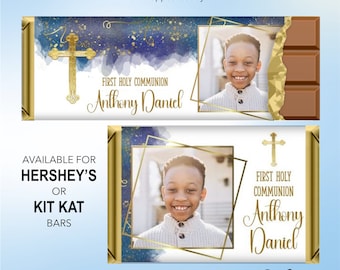 Printed or DIY Blue Gold Boy's Photo First Holy Communion Favors Custom Personalized Candy Bar Wrappers Kit Kat or Hershey's Bar | COM102