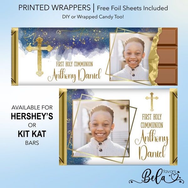 Printed or DIY Blue Gold Boy's Photo First Holy Communion Favors Custom Personalized Candy Bar Wrappers Kit Kat or Hershey's Bar | COM102