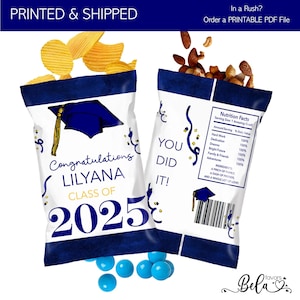 2025 Blue and Gold Custom Graduation Chip Bags | Fill with your favorite Snacks Chips Candy | Graduation Personalized Party Favors