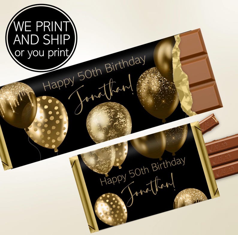 Printed Gold Black Balloons Men's Birthday Candy Bar Wrapper, Hershey's Chocolate, Birthday Ideas, Custom Personalized Giveaway, DIY Too! image 1