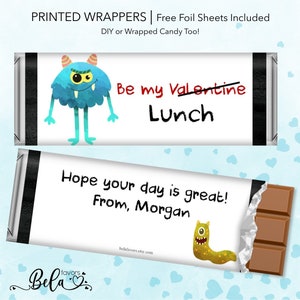 DIY or PRINTED Valentine&#39;s Monster Boy Candy Bar Wrappers School Class Party & Teacher Gift Custom Personalized Hershey&#39;s Chocolate | VAL02