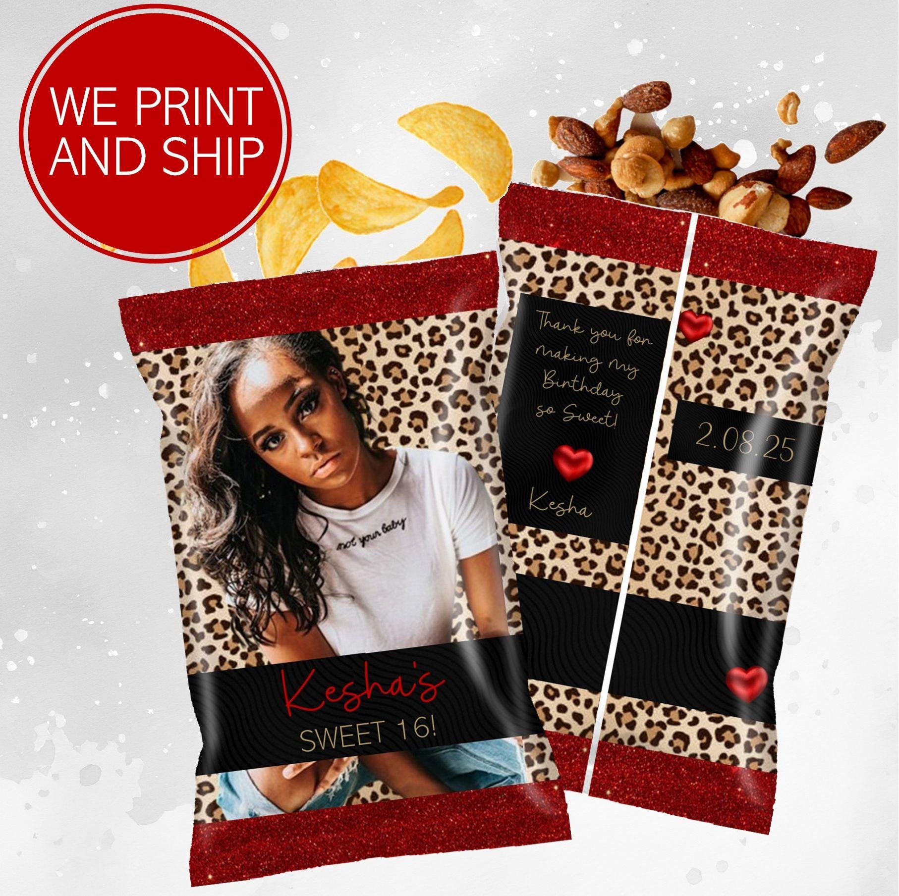 Leopard Cheetah Sweet 16 Birthday Custom Chip Bag | Fill with your favorite Snacks Chips Candy | Sweet Sixteen Personalized Party Favor