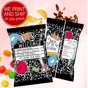 Book First Day of School Candy Chip Bags, For Any Grade, Welcome Back Student Gifts, Fill With Chips Candy Healthy Snacks, PDF or Printed