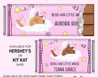 Printed or DIY Candy Wrappers Girl Pink Angel Light or Dark Skin Christening Baptism Hershey Kit Kat Bar Personalized Favor Custom Chocolate