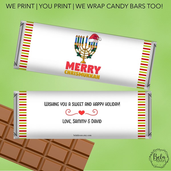 Chrismukkah Hanukkah Christmas | Chanukah Gifts | Custom Personalized Candy Bar Wrappers | 1.55 oz Hershey's Chocolate Bars | DIY Printable