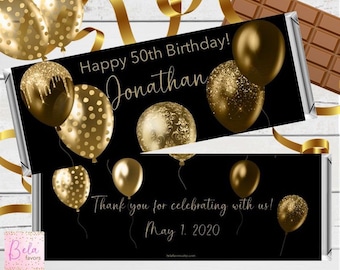 Men's Birthday Chocolate Bar Wrappers | Balloons Gold & Black | Custom Candy Bar Wrappers fit the 1.55 oz Hershey's Bar | DIGITAL OR PRINTED