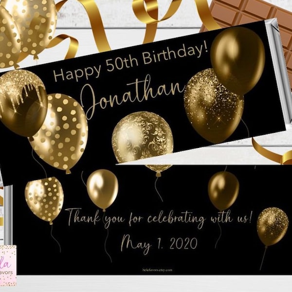 Men's Birthday Chocolate Bar Wrappers | Balloons Gold & Black | Custom Candy Bar Wrappers fit the 1.55 oz Hershey's Bar | DIGITAL OR PRINTED
