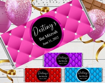 Bling! (4 colors available) Bat Mitzvah Favors | Personalized Candy Bar Wrappers fit the 1.55 oz Hershey's Bar | DIGITAL OR PRINTED