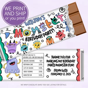 Printed Doodle Monster Boy&#39;s Birthday Candy Bar Wrappers, Hershey&#39;s Chocolate, Goody Bag Favor Ideas, Personalized Giveaways,  DIY Too!