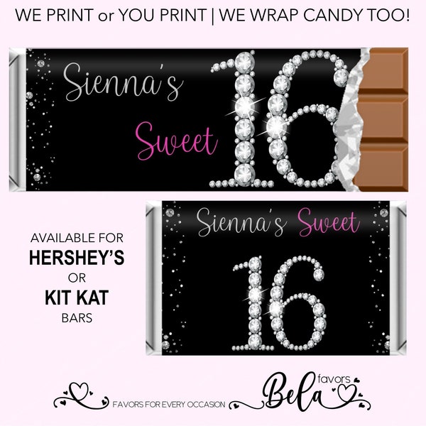 DIY or Printed Candy Wrapper Sweet 16 Hershey Chocolate Kit Kat Bar Custom Personalized Black &  Pink Bling Party Favor |  SS10