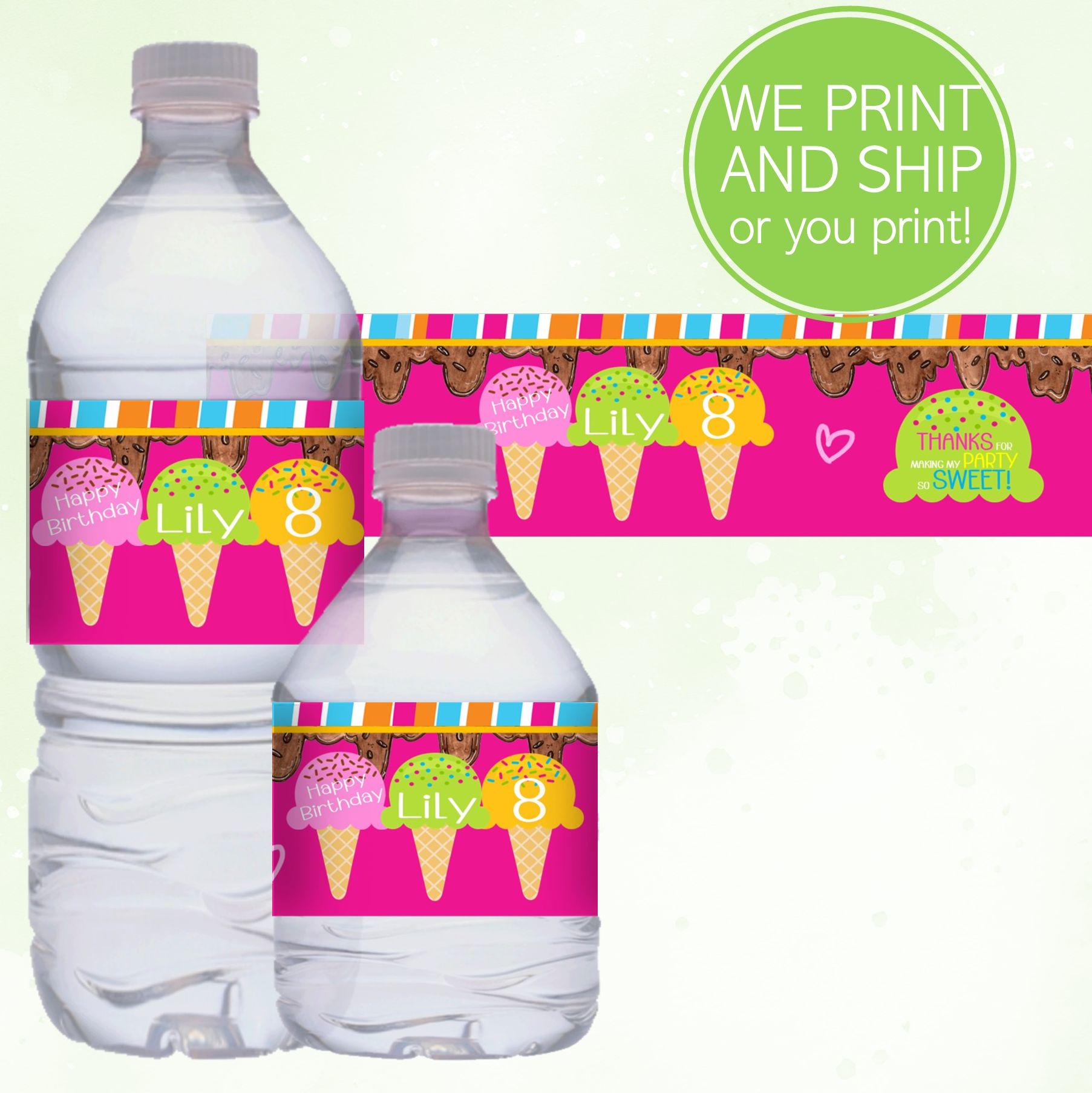 Printed Ice Cream Party Girl's Birthday Water Bottle Labels, Girl's ...