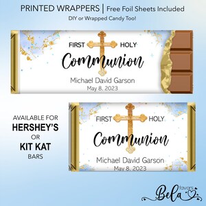 May include: Printable wrappers for Hershey's or Kit Kat candy bars, featuring a blue and gold watercolor background with a gold cross and the text "First Holy Communion". The wrappers are personalized with the name "Michael David Garson" and the date "May 8, 2023".
