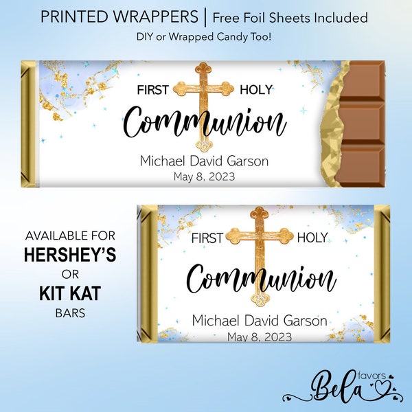 Blue Gold Watercolor First Holy Communion Favors | Custom Personalized Candy Bar Wrappers | 1.55 oz Hershey's Chocolate Bars | DIY Printable