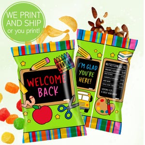 Bookworm Blackboard First Day of School Candy Chip Bags, Any Grade, Welcome Back Gift, Fill With Chips Candy Healthy Snacks, PDF or Printed
