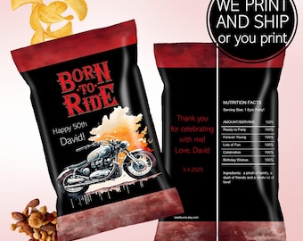 May include: Black chip bag with a red and black design, featuring a motorcycle illustration and the text "BORN TO RIDE". The bag includes the text "Happy 50th David!" and "WE PRINT AND SHIP or you print".