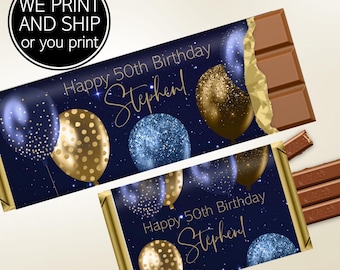 Navy and Gold Balloon Birthday Candy Bar Wrapper: Personalized Hershey's Favor (PDF or Printed)