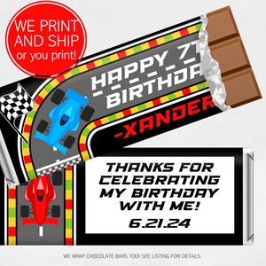 Printed Race Car Boy&#39;s Birthday Candy Bar Wrappers, Hershey&#39;s Chocolate, Birthday Goody Bag Favor Ideas, Personalized Giveaways,  DIY Too!