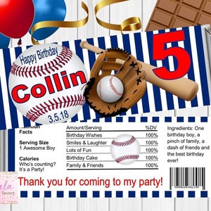 May include: A blue and white striped baseball-themed chocolate bar wrapper with a baseball, glove, and bat. The wrapper says "Happy Birthday Collin 3.5.18" and "Thank you for coming to my party!"