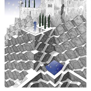 May include: A black and white illustration of a building with a series of steps leading up to it. The building has a dome and is surrounded by trees. The steps are arranged in a complex pattern, creating a maze-like effect. The sky is blue with white stars.
